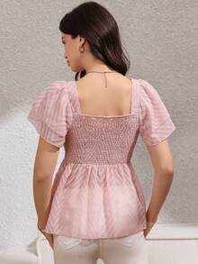 Rafferiza 女士夏季法式休闲度假风薄纱镂空方领双层荷叶袖收腰休闲衬衫，粉色 - 粉色 - 查看 2