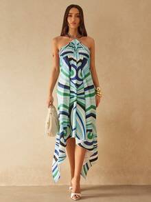 Silquee Robe femme sans manches à ourlet asymétrique avec motif rayé coloré, printemps/été - Bleu azur - Voir 3