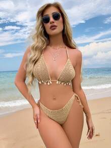 Swim Vcay 1 conjunto de bikini con parte superior de atar al cuello y Bottom triangular, traje de baño de dos piezas - Caqui - Ver 1