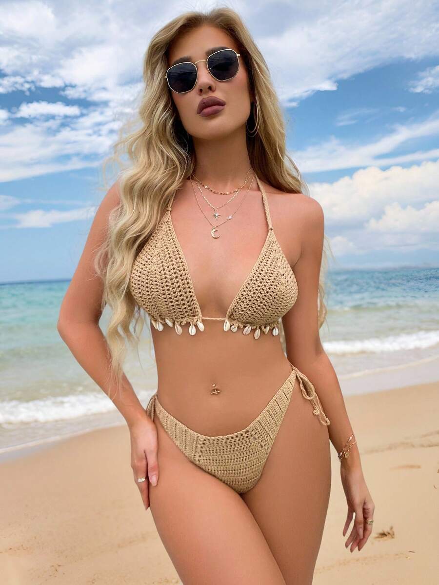 Swim Vcay 1 conjunto de bikini con parte superior de atar al cuello y Bottom triangular, traje de baño de dos piezas - Caqui - Ver 1