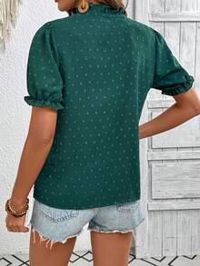 SHEIN LUNE Women's Casual Cutout Petal Sleeve Collared Blouse For Summer - Dark Green - View 2