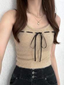 FRIFUL Women's Apricot Solid Color Inner Pocket Sleeveless Jacket, Long Sleeve Contrast Color Drawstring Bow Knit Sweater Two Pieces Set, Autumn - Beige - View 5