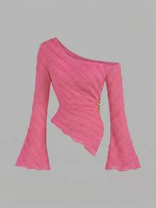 Sweetra Solid Color Flare Sleeve Slim Fit T-Shirt - Hot Pink - View 8