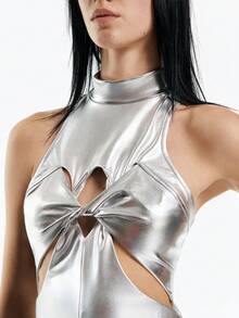 Airlisse Áo hở lưng cổ yếm khoét sâu, chất liệu kim loại xoắn gợi cảm dành cho nữ, thích hợp cho mùa hè. - Bạc - Xem 6