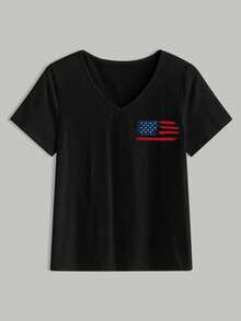 EMERY ROSE Women Summer Short Sleeve Casual T-Shirt With Letter And American Flag Print - Black - View 3
