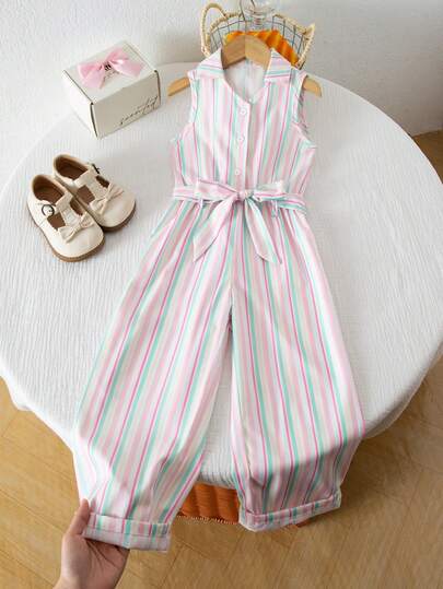 女童休闲百搭翻领纽扣前襟系带柔软褶皱牛仔质感连体裤，适合秋季、野餐、郊游、搭配服装、日常穿着