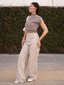 Andrea Bello Women's Leopard Print Pocket Wide Leg Loose Casual Versatile Jeans - Beige - View 4