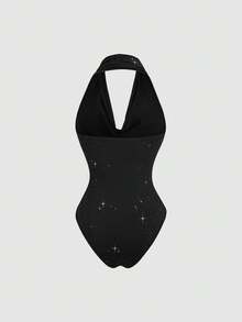 Sweetra Sexy Backless Sequin Embellished Romper, Punk Rock Style, Waist Cinching, Revealing Neckline, Versatile Shoulder Design, Sultry & Sweet, Suitable For Early Autumn - Black - View 2