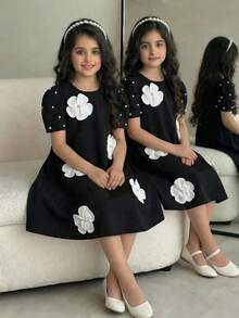 SHEIN Tween Girls' Cute Elegant Party Summer Black And White A-Line Dress,Floral Decor Bubble Sleeve Solid Color Back To School Casual Daisy Dress - Black - View 4