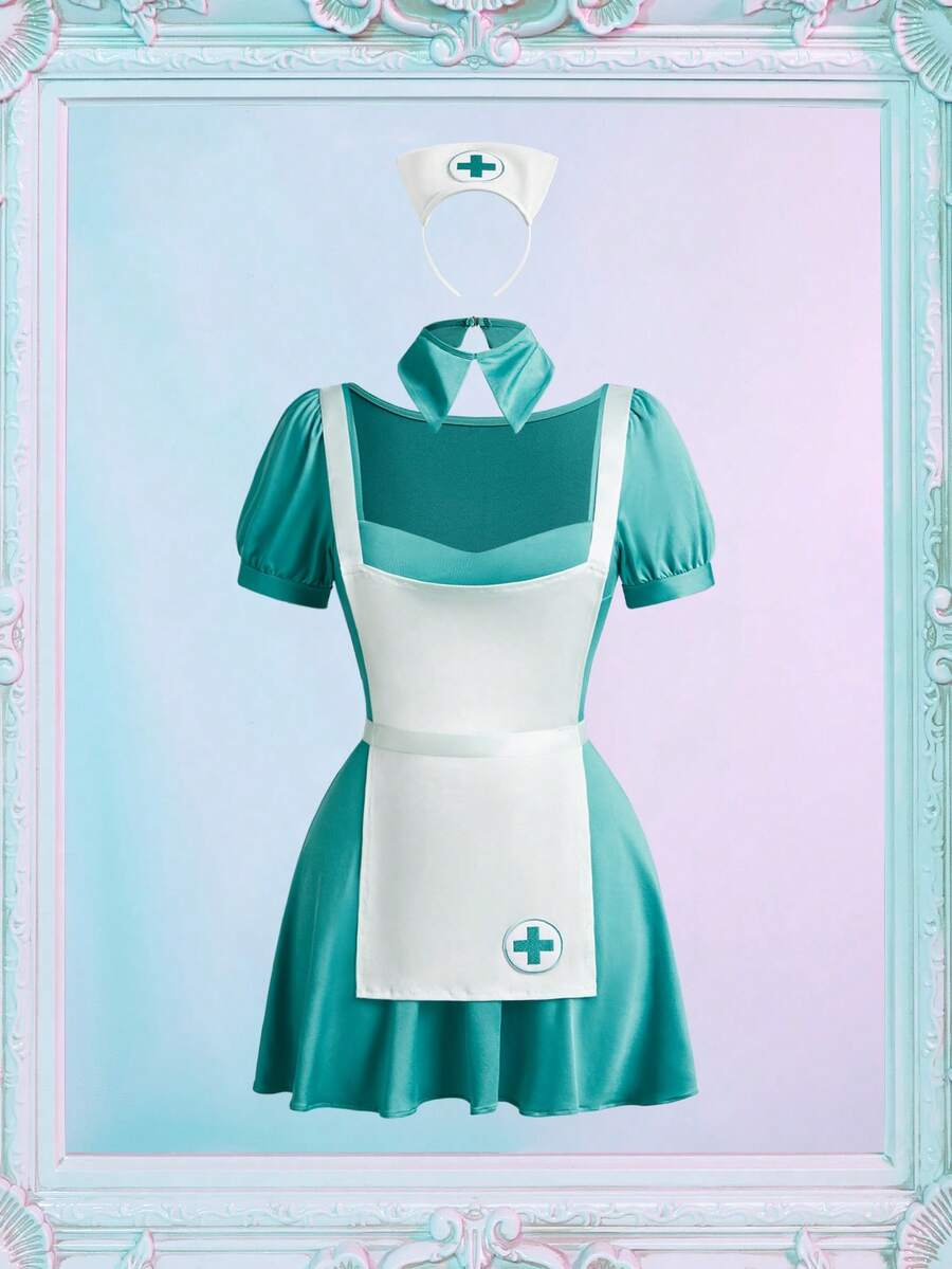 Fantasy Costume Bộ trang phục y tá giả tưởng 4 món bao gồm băng đô, cà vạt, tạp dề và váy. - màu xanh lá - Xem 1