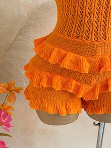 Soleia 女士度假休闲亮橙色花卉装饰荷叶边下摆连体裤，适合海滩、邮轮、城市度假、音乐节、波西米亚风、夏季等场合，四季皆宜，日常通勤也适用。 - 橘色 - 查看 5