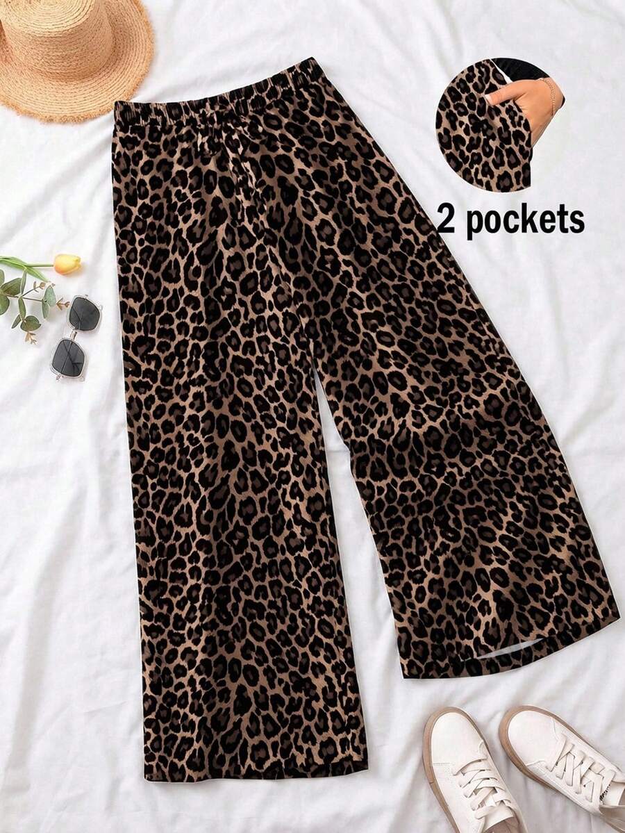 CosyJoli 女士休闲宽松全幅豹纹直筒修身长裤，百搭款式，适合春夏穿着 - 彩色 - 查看 1
