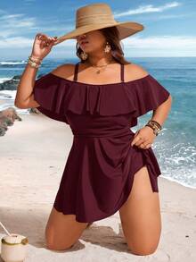 Swim Lushoire Traje de baño con volantes y hombros descubiertos con shorts para mujer de talla grande de unicolor - Burdeos - Ver 3