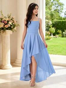 Pitira Tween Girls' Summer Elegant Light Blue Dress,Satin Spaghetti Strap High Low Formal Gown For Wedding Guest,Party,Junior Bridesmaid&Graduation Outfits - Blue - View 5