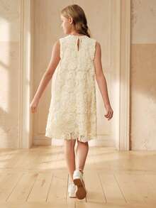 SHEIN Tween Girl Summer Casual Fashionable Sleeveless Floral Textured A-Line Dress - Apricot - View 2