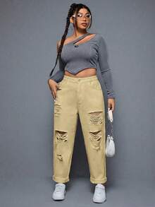 SHEIN ICON 大码女式口袋纽扣做旧休闲百搭日常牛仔裤 - 卡其色 - 查看 3