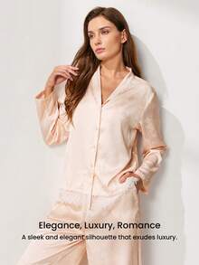 LUVLETTE 四季皆宜的香槟色缎面睡衣套装 - 长袖上衣和蕾丝边阔腿裤 - 杏色 - 查看 2