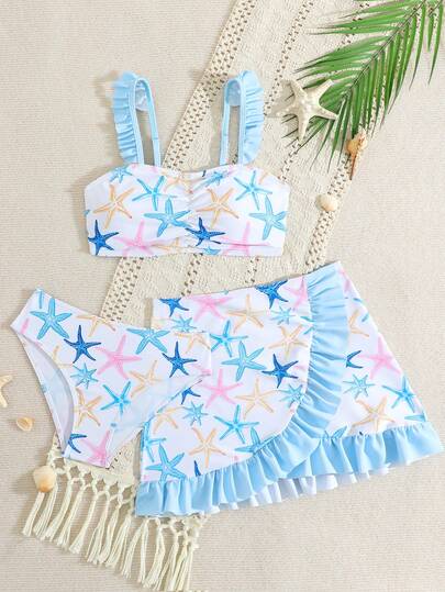 SHEIN Tween Girl New Ruffled Swimwear Set, Fashionable Resort Style With Cute Starfish Design Girls Starfish Swimwear Tween Girls Printed Swimwear Kids Bathing Suits 2 Piece Kids 2 Piece Swimsuit Starfish Bikini