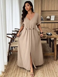 Weeklong Plus Size Women's Beaded Decor A-Line V-Neck Casual Dress, Spring/Summer - Apricot - View 7