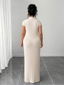 Elenzga 女士优雅短袖高领修身开衩连衣裙 - 杏色 - 查看 2