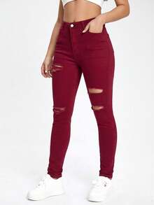 SHEIN ICON Jeans pitillo negros con bolsillos sesgados y rotos - Burdeos - Ver 5