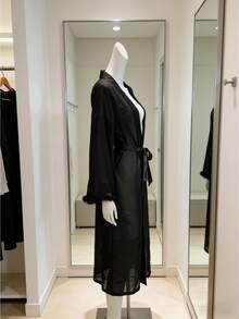 Women'S Sexy Summer Long Sleeve Robe - Deep V-Neck With Tie Waist, Long Flowy Design For Home & Casual Wear, Comfortable Clothing | Deep Vneck Robe - Black - View 4