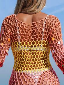 Swim Vcay 女式彩色串珠亮片网眼罩衫连衣裙，圆领长袖钩针沙滩度假连衣裙 - 彩色 - 查看 2
