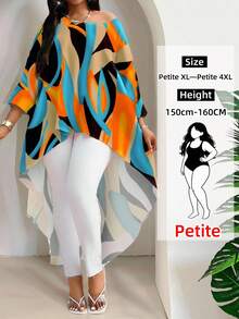 SHEIN Lady 2025春夏新款优雅通勤办公休闲波西米亚风彩色编织圆领高低摆七分袖大码T恤大码衬衫波西米亚风上衣工作上衣沙滩度假优雅女式上衣波西米亚风 - 橘色 - 查看 7