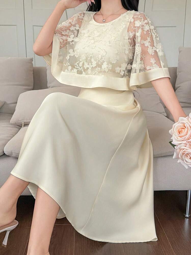 Spring & Summer Contrast Lace Shawl Collar Long Dress, Elegant Formal Gown For Valentine's Day, Wedding, Party, Cocktail, Slim A-Line Midi Dress For Commute