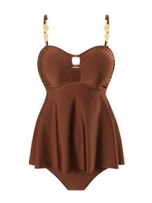 Swim Lushoire New Brown Hollow-Out Swimwear, Ruffle Strap Flounce Tummy Control Two Pieces Tankini Set - Brown - View 4