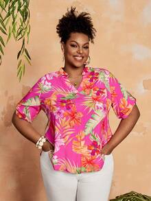 EMERY ROSE 大码女式热带植物印花翻领卷袖衬衫上衣，适合夏季、外出、沙滩、度假、乡村音乐会、狂欢节、海滩度假、办公室、工作、商务休闲等场合，也适合下午茶、锐舞派对等场合。这款热带风情上衣，适合秋季穿着，图案为夏威夷风情，适合春夏秋冬。 - 彩色 - 查看 2