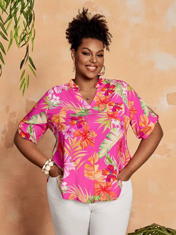 Plus Size Women's Pink Floral Tropical Plant Print Notched-Neck Roll Up Sleeve Blouse Tunic Top,Summer,Boho,Vacation,Holiday Hawaiian Shirt Work Wear