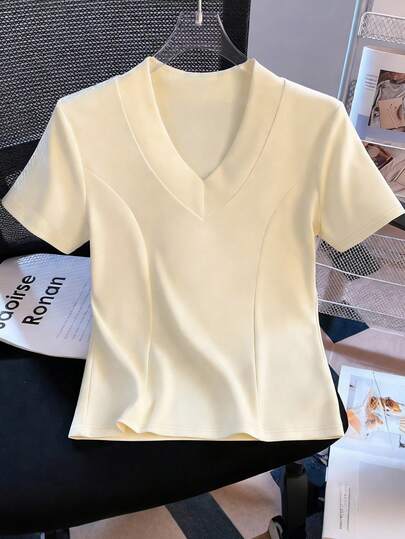 Resyla V-Neck Short Sleeve T-Shirt, Fitted Slim Design, Cropped Top