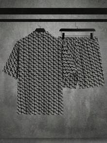 Manfinity VCAY 男士沙滩度假休闲印花衬衫短裤套装，男士柠檬印花休闲翻领单排扣短袖衬衫，日常百搭，柠檬衬衫，男士夏威夷衬衫，男士花卉衬衫，热带男装，向日葵衬衫，适合度假、沙滩，送给丈夫/男友的礼物，简约时尚通勤休闲宽松短袖衬衫和松紧腰直筒短裤套装，舒适套装 - 彩色 - 查看 3