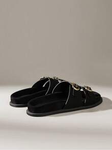 Solecia Sandalias planas de playa cómodas y de moda para mujer en color marrón - Negro - Ver 4