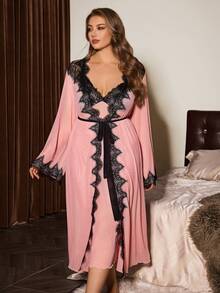 Slumberist Lace Contrast Mesh Plus Size Robe And Nightgown Set - Dusty Pink - View 3