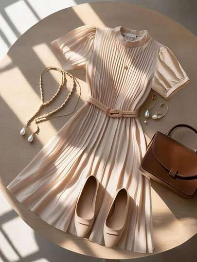 GlowEve CURVE 大码女式纯色立领褶皱简约夏季短袖连衣裙