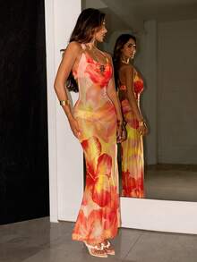 SHEIN ICON Sexy Floral Print Draped Neck Dress With 2 In 1 Design, Suitable For Vacation - Orange - View 5