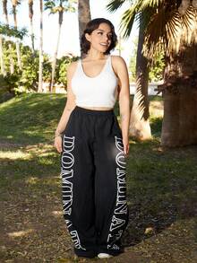 Lupita Cardoza Women's Street Style Letter Print Elastic Waist Wide Leg Pants Fall Cloth For Women - Black - View 1