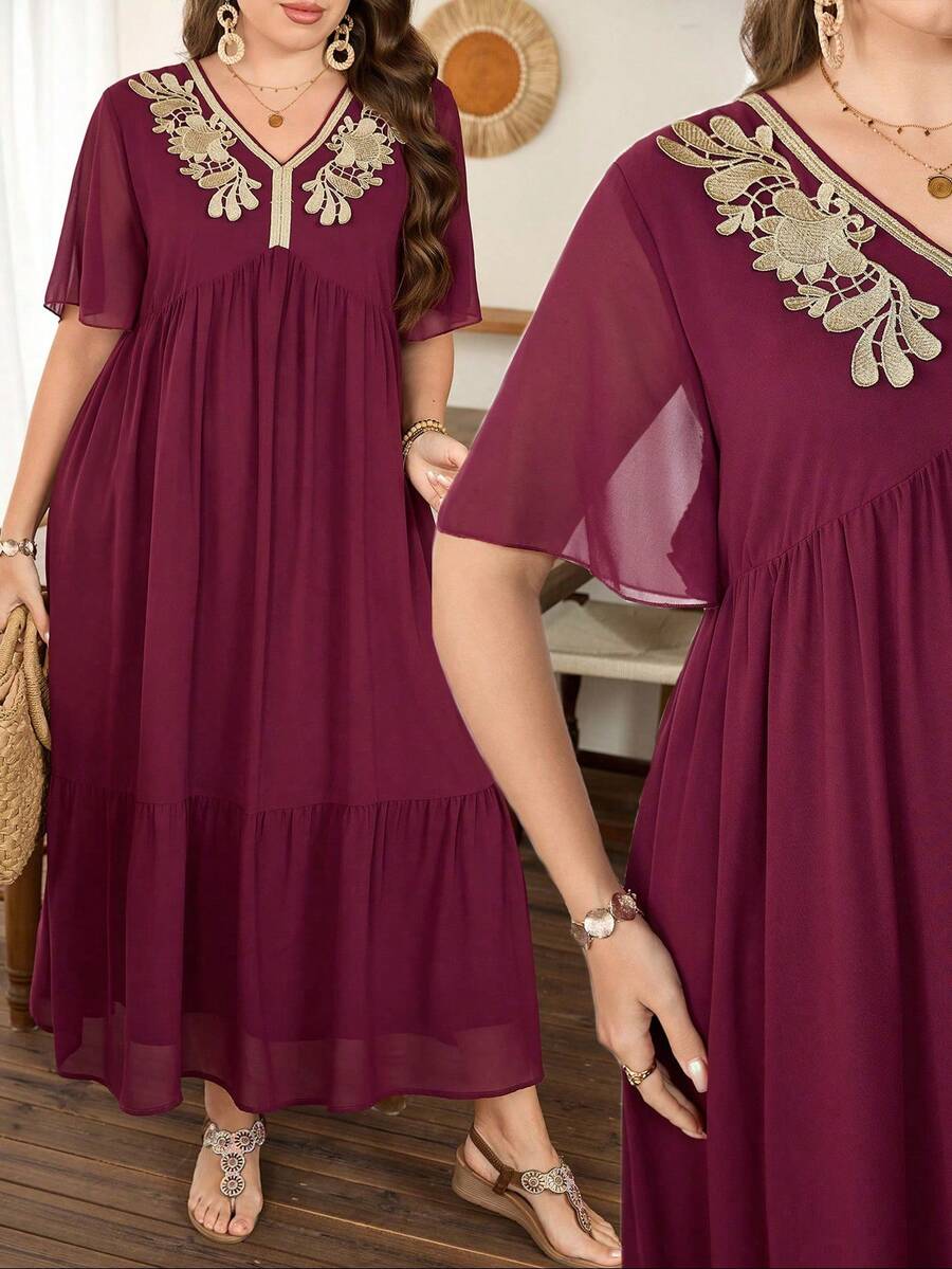 Lacomfia Rochie elegantă și confortabilă pentru femei, cu decolteu în V, cu mânecă scurtă, brodată, plisată, lejeră - Burgundia - Vizualizare 1