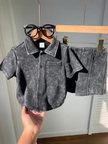 SHEIN 2件套男女宝宝休闲时尚扎染雪花黑色短袖针织衫短裤套装，男宝宝套装，短袖上衣 - 黑色 - 查看 4