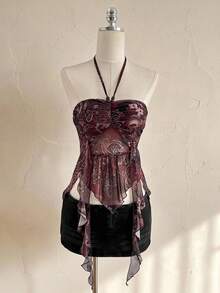 Attitoon Burgundy Summer Paisley Printed Knit Mesh Beaded Spaghetti Strap Camisole Top,Boho Women's Vacation Corset Gothic Top,Festival Chic Daily Wear Tops - Coffee Brown - View 10