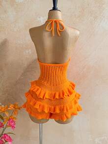 Soleia 女士度假休闲亮橙色花卉装饰荷叶边下摆连体裤，适合海滩、邮轮、城市度假、音乐节、波西米亚风、夏季等场合，四季皆宜，日常通勤也适用。 - 橘色 - 查看 2