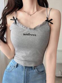 DAZY 女士蝴蝶结装饰字母刺绣吊带背心，夏季款 - 灰色 - 查看 4