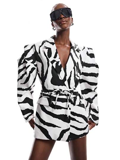 GENKIRA 动物纹印花黑白斑马纹图案宽松宽肩修身简约设计收腰可调节腰带休闲通勤时尚混搭女式西装外套