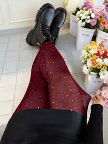 SHEIN CURVE+ Burgundy,Summer,Cute,Everyday Plus Size Curve US22 Glitter Mesh Sheer Tights,Bohemia Black Leggings For Music Festival,Party,Valentine's Day - Burgundy - View 1