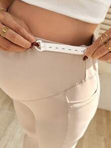 SHEIN 孕妇可调节腰带口袋休闲打底裤 - 卡其色 - 查看 5