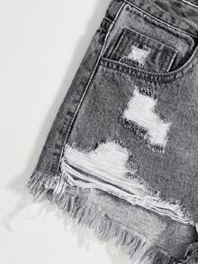 SHEIN EZwear Plain Color Distressed Frayed Edge Slant Pocket Sexy Denim Shorts - Light Grey - View 6