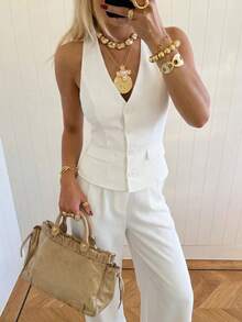 SHEIN EZwear Conjunto de traje de mujer con parte superior halter blanca tejida y espalda descubierta - Blanco - Ver 1