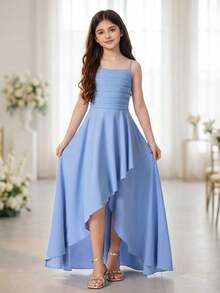 Pitira Tween Girls' Summer Elegant Light Blue Dress,Satin Spaghetti Strap High Low Formal Gown For Wedding Guest,Party,Junior Bridesmaid&Graduation Outfits - Blue - View 1
